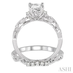 1/2 Ctw Diamond Wedding Set with 1/2 Ctw Princess Cut Engagement Ring and 1/10 Ctw Wedding Band in 14K White Gold