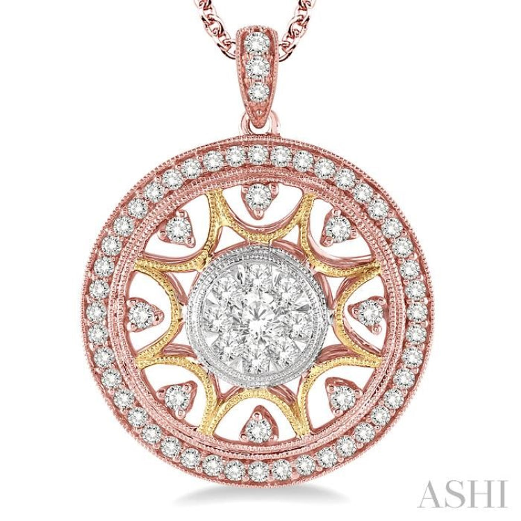 1.00 ctw Round Cut Diamond Lovebright Pendant in 14K Tri Color Gold with Chain