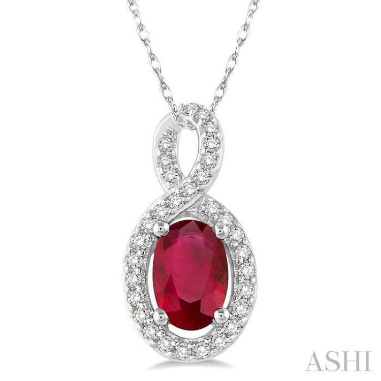 6x4 MM Oval Cut Ruby and 1/10 ctw Round Cut Diamond Pendant in 10K White Gold with Chain