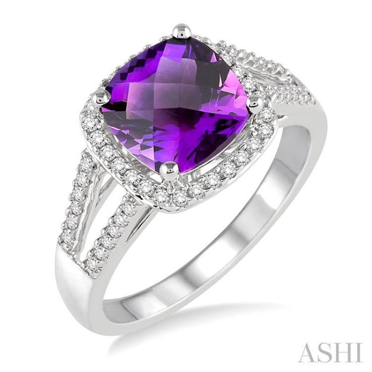 8x8 MM Cushion Shape Amethyst and 1/4 ctw Round cut Diamond Ring in 10K White Gold