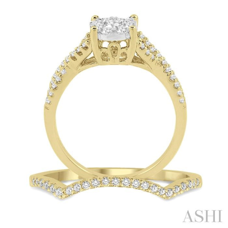 1/2 Ctw Diamond Wedding Set with 1/3 Ctw Lovebright Engagement Ring and 1/10 Ctw Wedding Band in 14K Yellow and White Gold