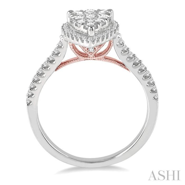 1/2 Ctw Pear Shape Round Cut Diamond Lovebright Ring in 14K White and Rose Gold