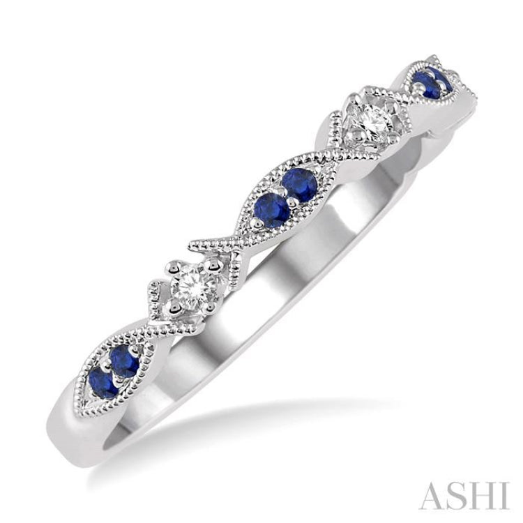 1.25 MM Round Cut Blue Sapphire and 1/20 ctw Round Cut Diamond Precious Half Eternity Wedding Band in 14K White Gold