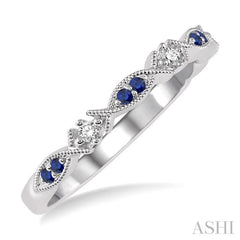 1.25 MM Round Cut Blue Sapphire and 1/20 ctw Round Cut Diamond Precious Half Eternity Wedding Band in 14K White Gold