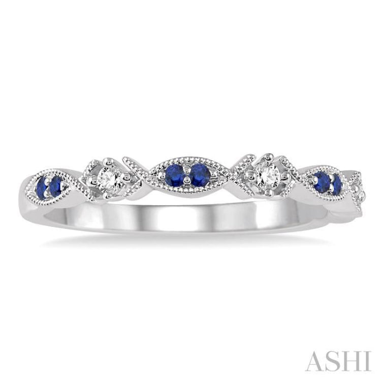 1.25 MM Round Cut Blue Sapphire and 1/20 ctw Round Cut Diamond Precious Half Eternity Wedding Band in 14K White Gold