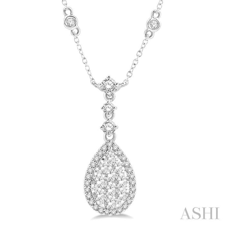 1.00 ctw Pear Shape Round Cut Diamond Lovebright Necklace in 14K White Gold