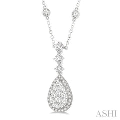 1.00 ctw Pear Shape Round Cut Diamond Lovebright Necklace in 14K White Gold