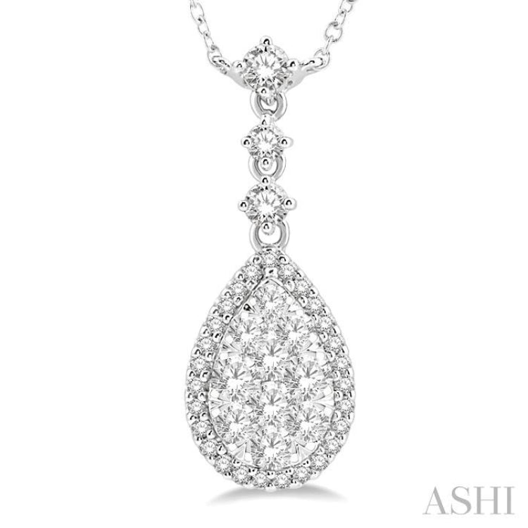 1.00 ctw Pear Shape Round Cut Diamond Lovebright Necklace in 14K White Gold