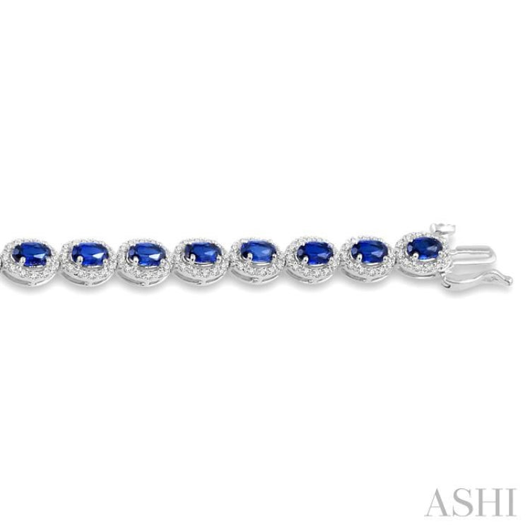 1 1/10 Ctw Oval Shape 5x3 MM Sapphire & Round Cut Diamond Precious Stone Bracelet in 14K White Gold