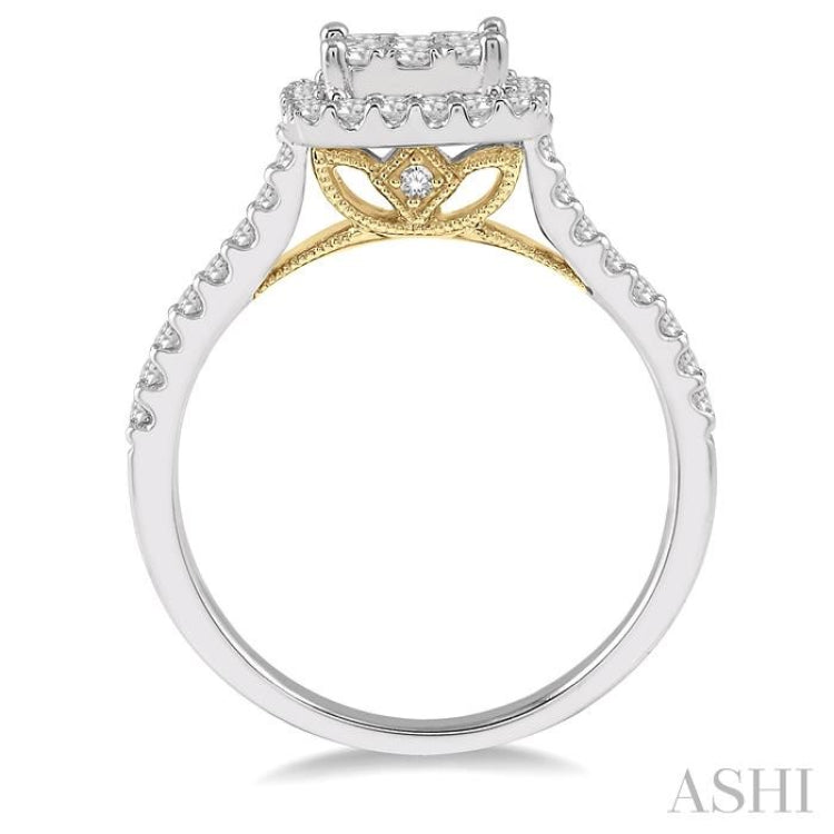 3/4 Ctw Round Diamond Lovebright Halo Engagement Ring in 14K White and Yellow Gold