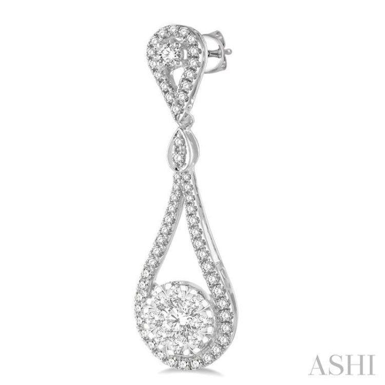 1 Ctw Loop Dangler Round Cut Diamond Lovebright Hanging Earrings in 14K White Gold