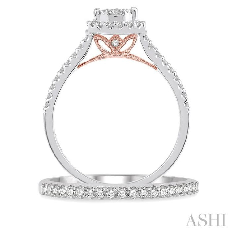 3/4 Ctw Lovebright Diamond Wedding Set With 1/2 Ctw Pear Shape Engagement Ring and 1/5 Ctw Wedding Band in 14K White and Rose Gold