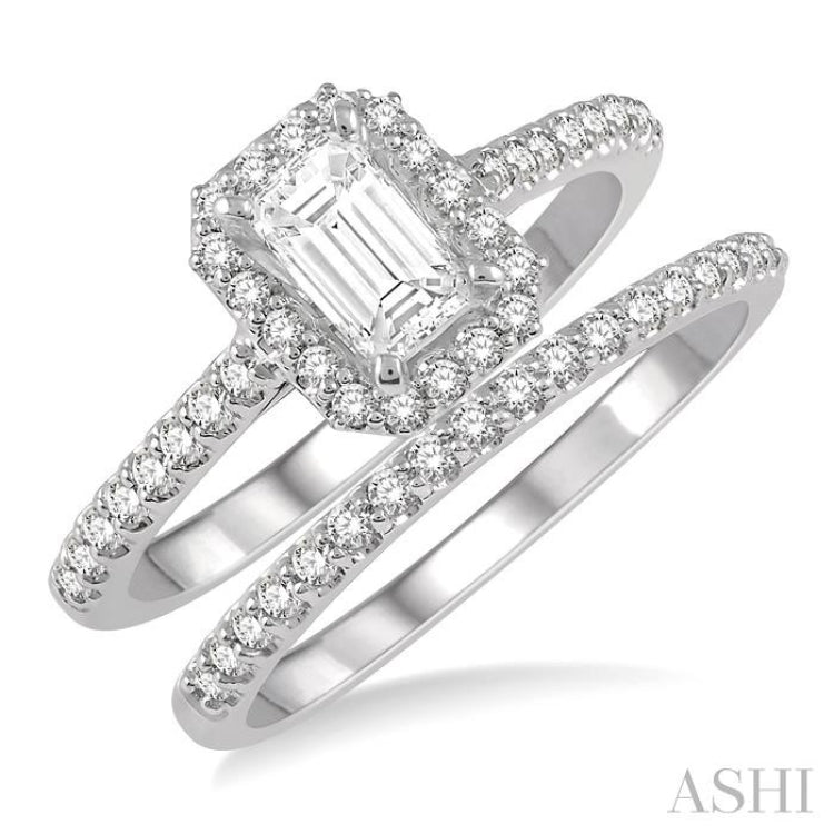 1/2 Ctw Diamond Wedding Set With 3/8 Ctw Emerald Cut Center Engagement Ring and 1/10 Ctw Wedding Band in 14K White Gold