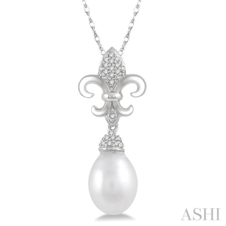 9X7 MM Drop Shape Cultured Pearl and 1/10 Ctw Round Cut Diamond Fleur De Lis Pendant With Chain in 10K White Gold