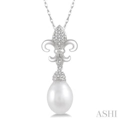 9X7 MM Drop Shape Cultured Pearl and 1/10 Ctw Round Cut Diamond Fleur De Lis Pendant With Chain in 10K White Gold
