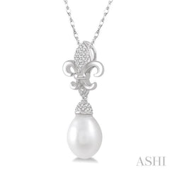9X7 MM Drop Shape Cultured Pearl and 1/10 Ctw Round Cut Diamond Fleur De Lis Pendant With Chain in 10K White Gold