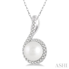 7x7 MM Round Shape Center Cultured Pearl and 1/10 Ctw Round Cut Diamond Pendant With Chain in 10K White Gold
