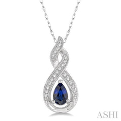 6x4 MM Entwined Pear Shape Sapphire and 1/10 Ctw Round Cut Diamond Precious Pendant With Chain in 10K White Gold