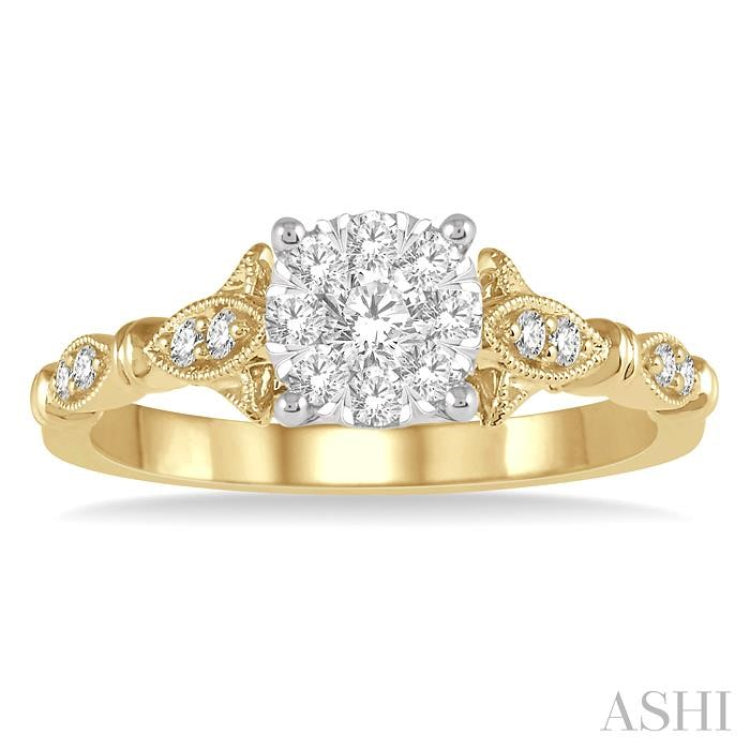 1/2 ctw Marquise Shank Circular Mount Lovebright Round Cut Diamond Ring in 14K Yellow and White Gold