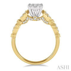 1/2 ctw Marquise Shank Circular Mount Lovebright Round Cut Diamond Ring in 14K Yellow and White Gold