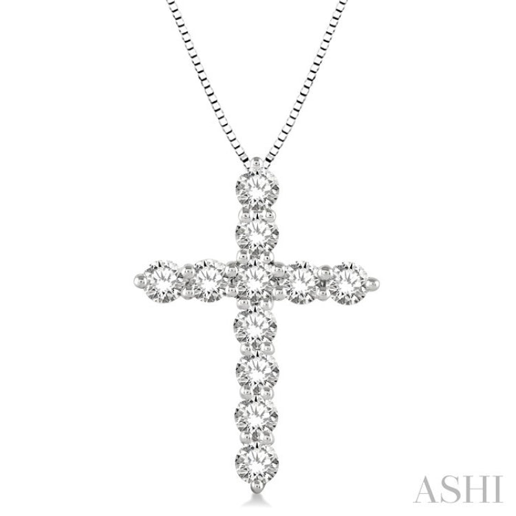 1 Ctw Round Cut Diamond Cross Pendant in 14K White Gold with Chain