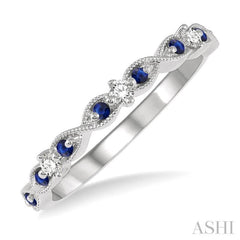 1.35 MM Sapphire and 1/10 ctw Round Cut Diamond Precious Wedding Band in 14K White Gold