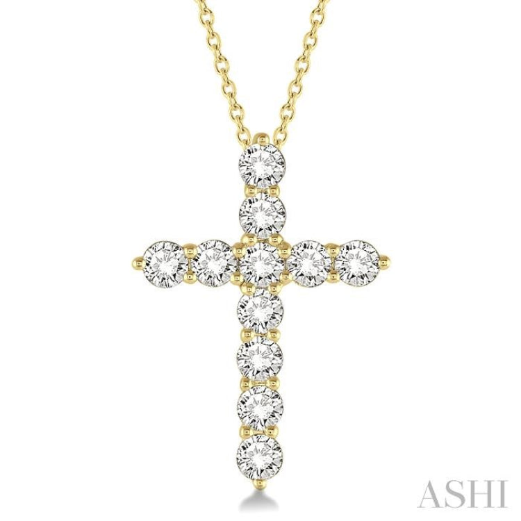 1 1/2 ctw Round Cut Diamond Cross Pendant in 14K Yellow Gold with Chain