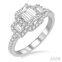 1.00 ctw Baguette and Round Cut Diamond Ladies Engagement Ring with 1/2 ct Emerald Cut Center Stone in 14K White Gold