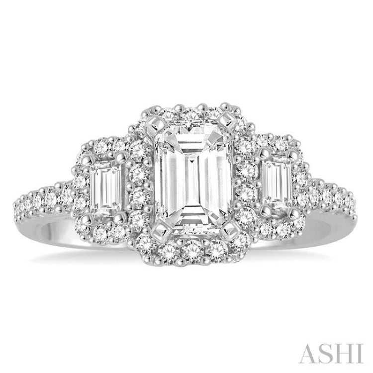 1.00 ctw Baguette and Round Cut Diamond Ladies Engagement Ring with 1/2 ct Emerald Cut Center Stone in 14K White Gold