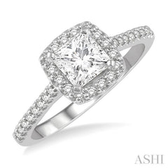 1.00 ctw Cushion Shape Round Cut Diamond Engagement Ring With 3/4 Princess Cut Center Stone in 14K White Gold