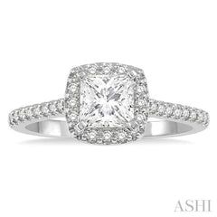 1.00 ctw Cushion Shape Round Cut Diamond Engagement Ring With 3/4 Princess Cut Center Stone in 14K White Gold