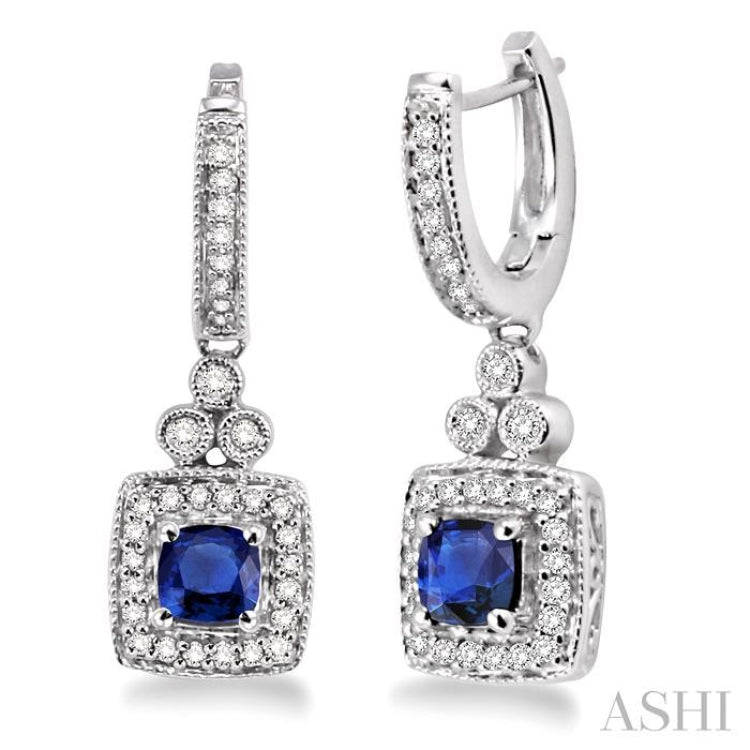 4x4 MM Cushion Shape Sapphire and 1/3 ctw Round Cut Diamond Earrings in 14K White Gold