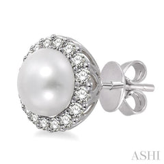 8 MM Cultured Pearls and 1/3 Ctw Round Cut Diamond Earrings in 14K White Gold