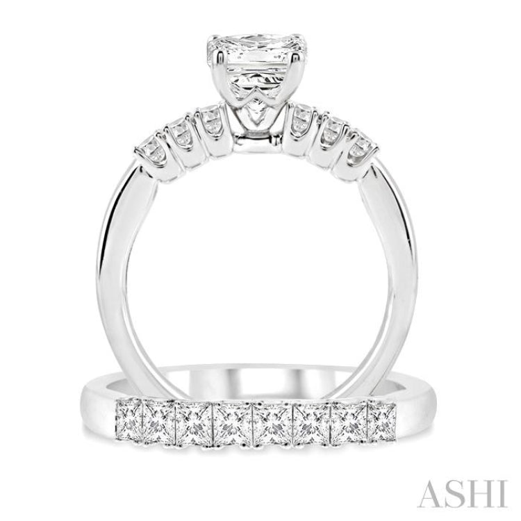 1 3/8 Ctw Diamond Wedding Set with 1 Ctw Princess Cut Engagement Ring and 3/8 Ctw Wedding Band in 14K White Gold