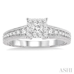 1/2 Ctw Round Cut Diamond Lovebright Engagement Ring in 14K White Gold