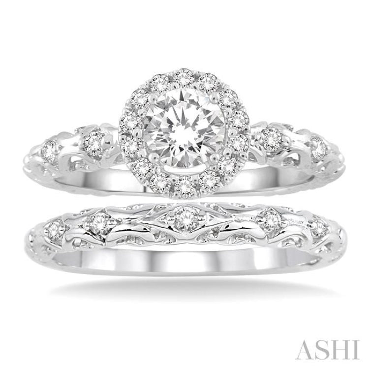 3/8 Ctw Diamond Wedding Set with 1/3 Ctw Round Cut Engagement Ring and 1/20 Ctw Wedding Band in 14K White Gold