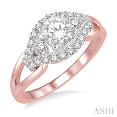 3/4 ctw Diamond Engagement Ring with 1/2 ct Round Cut Center Stone in 14K Rose and White Gold