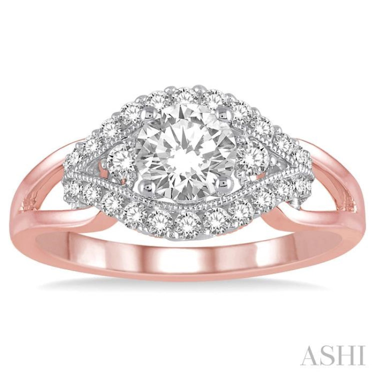 3/4 ctw Diamond Engagement Ring with 1/2 ct Round Cut Center Stone in 14K Rose and White Gold