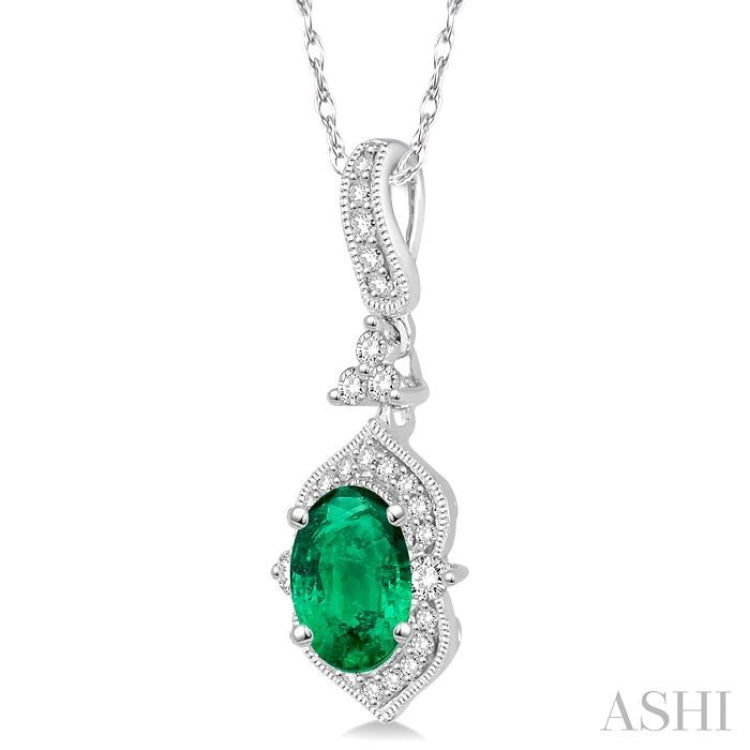 6x4 MM Oval Shape Emerald and 1/5 ctw Diamond Precious Pendant in 14K White Gold with Chain