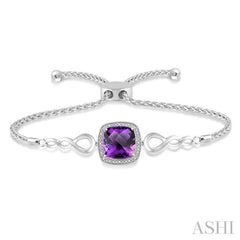 1/20 Ctw Cushion Shape 10x10 MM Amethyst Round Cut Diamond Sterling Silver Lariat Bracelet