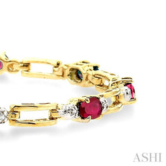 1/10 Ctw Round Cut Diamond & 5x3 MM Oval Cut Ruby Precious  Bracelet in 10K Yellow Gold