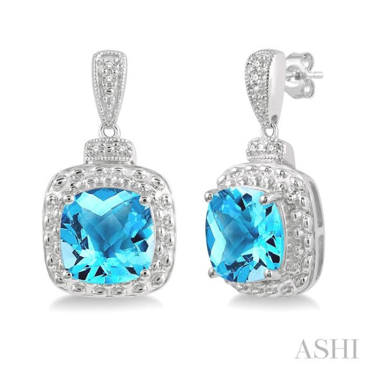 8x8 MM Cushion Shape Blue Topaz and 1/50 ctw Round Cut Diamond Semi Precious Earring in Sterling Silver