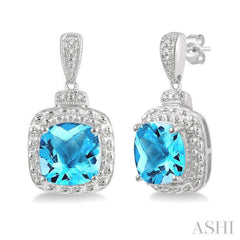 8x8 MM Cushion Shape Blue Topaz and 1/50 ctw Round Cut Diamond Semi Precious Earring in Sterling Silver