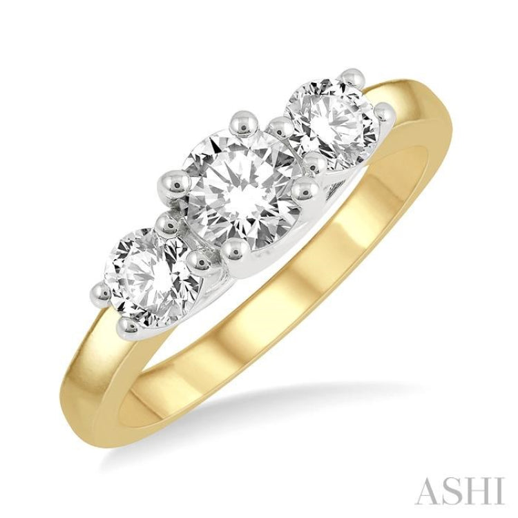 1 Ctw Round Cut Diamond Three-Stone Ring in 14K Yellow and White Gold