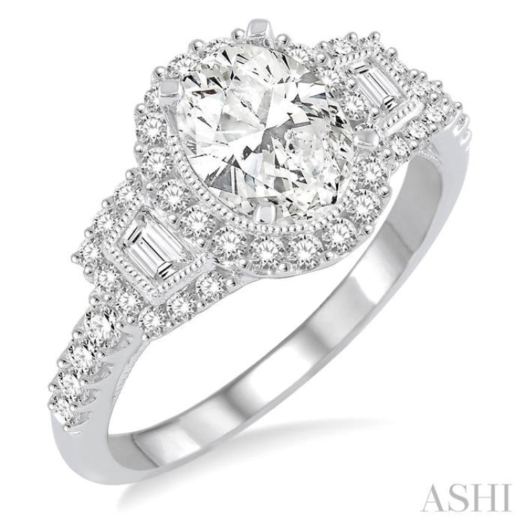 1.00 ctw Oval Shape Baguette and Round Cut Diamond Semi-Mount Engagement Ring in 14K White Gold