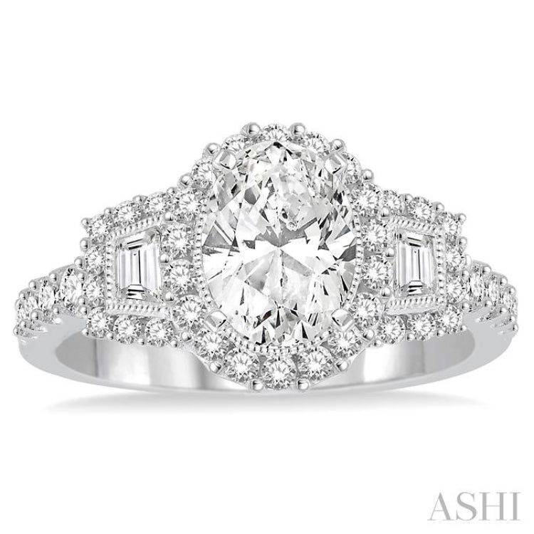 1.00 ctw Oval Shape Baguette and Round Cut Diamond Semi-Mount Engagement Ring in 14K White Gold