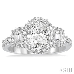 1.00 ctw Oval Shape Baguette and Round Cut Diamond Semi-Mount Engagement Ring in 14K White Gold