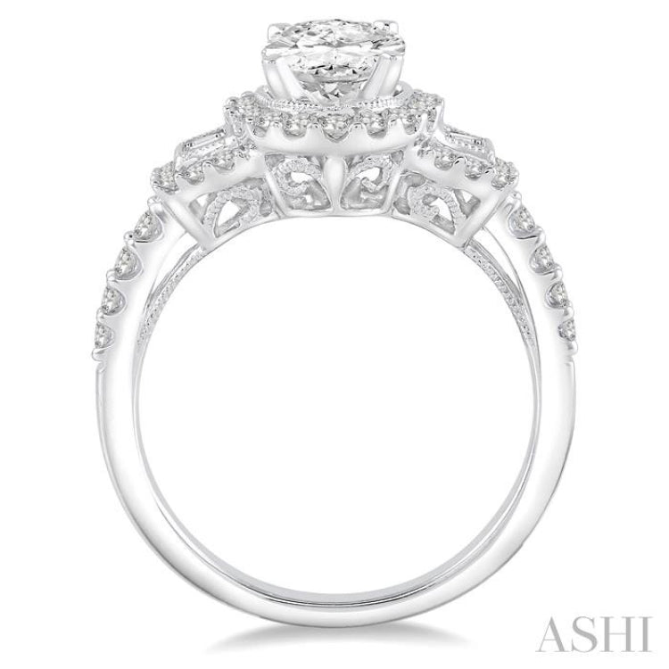 1.00 ctw Oval Shape Baguette and Round Cut Diamond Semi-Mount Engagement Ring in 14K White Gold