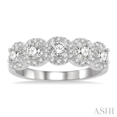 1.00 ctw Circular Shape 5 Stone Round Cut Diamond Halo Wedding Band in 14K White Gold