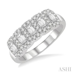 1.00 ctw Emerald Shape 5 Stone Emerald & Round Cut Diamond Halo Wedding Band in 14K White Gold